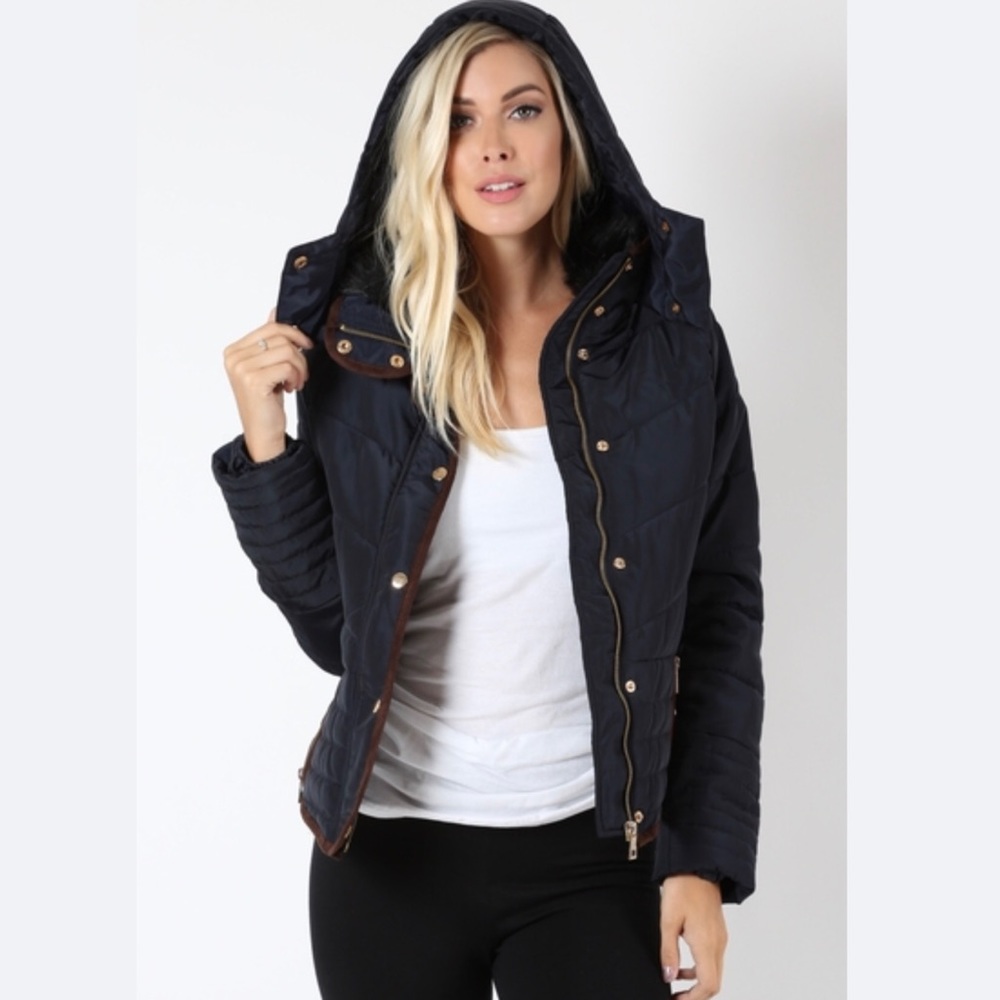 NEW Black Puffer Jacket w/ Hood, Black Fur Collar